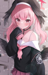 Rule 34 | 1girl, absurdres, beret, black hat, black wings, blue archive, blush, closed mouth, feathered wings, halo, hat, head wings, highres, koharu (blue archive), locker, locker room, looking at viewer, low wings, miniskirt, neckerchief, onabe no shime, pink eyes, pink hair, pink neckerchief, pink skirt, pleated skirt, sailor, sailor collar, skirt, sleeves past fingers, sleeves past wrists, solo, twintails, white sailor collar, wings