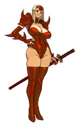 Rule 34 | 1girl, armor, artist request, blonde hair, breasts, capcom, forehead protector, highres, katana, large breasts, leotard, long hair, mizuki (punisher), profile, red leotard, red thighhighs, simple background, solo, spiked armor, spiked pauldrons, straight hair, sword, the punisher, thighhighs, weapon