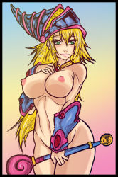 Rule 34 | 1girl, blonde hair, breasts, choker, covering privates, covering crotch, dark magician girl, dick hammersmith, duel monster, gem, green eyes, hat, large breasts, long hair, nipples, nude, smile, solo, standing, vambraces, wizard hat, yu-gi-oh!, yuu-gi-ou, yu-gi-oh! duel monsters