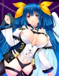 Rule 34 | 1girl, ameno shigure, arc system works, asymmetrical wings, bare shoulders, black panties, black thighhighs, blue hair, blush, breasts, breasts out, chain, choker, detached sleeves, dizzy (guilty gear), guilty gear, guilty gear xrd, guilty gear xrd: revelator, hair ribbon, large breasts, long hair, looking at viewer, nipples, open mouth, panties, parted lips, red eyes, ribbon, shiny clothes, shiny skin, solo, tail, thighhighs, twintails, underwear, very long hair, wings