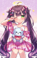 Rule 34 | 1girl, ;o, ahoge, bare shoulders, blush, bow, bowtie, brown hair, collarbone, commentary request, copyright request, dress, feet out of frame, flower, green eyes, hair bow, hair flower, hair ornament, hairclip, halo, hand up, heart, heart hair ornament, highres, long hair, looking at viewer, hugging object, off-shoulder dress, off shoulder, one eye closed, parted lips, pink bow, plaid, plaid bow, plaid dress, pleated dress, purple dress, purple hair, red bow, red bowtie, red flower, rubbing eyes, sitting, solo, star (symbol), stuffed animal, stuffed toy, teddy bear, twintails, very long hair, virtual youtuber, yomogi (becr)