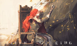 Rule 34 | 1girl, absurdres, amazedwatermelon, amputee, armor, cape, chair, closed mouth, covered eyes, dress, elden ring, from side, helmet, highres, holding, holding sword, holding weapon, long hair, malenia blade of miquella, mechanical arms, red cape, red hair, single mechanical arm, solo, sword, very long hair, weapon