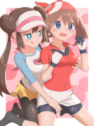 Rule 34 | 2girls, :q, bandana, bike shorts, black legwear, blue eyes, blush, bow, breasts, bright pupils, brown hair, clothes lift, collared shirt, commentary request, creatures (company), double bun, eyelashes, game freak, gloves, grabbing, grabbing another&#039;s breast, green eyes, hair bun, highres, m o n t e n, may (pokemon), multiple girls, nintendo, open mouth, pantyhose, pantyhose under shorts, pink bow, pokemon, pokemon bw2, pokemon rse, raglan sleeves, red bandana, red shirt, rosa (pokemon), shiny skin, shirt, short shorts, short sleeves, shorts, skirt, skirt lift, socks, tongue, tongue out, twintails, visor cap, white gloves, white pupils, white skirt, yellow shorts, yuri