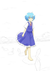 Rule 34 | 1girl, barefoot, blue dress, blue eyes, blue hair, blush, cirno, dress, frilled dress, frills, full body, ice, matching hair/eyes, puffy short sleeves, puffy sleeves, rukah, short hair, short sleeves, smile, solo, spot color, touhou, walking on ice