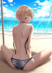 Rule 34 | 1girl, back, back focus, bare arms, bare legs, bare shoulders, beach, between legs, bikini, blonde hair, blue eyes, blue sky, butt crack, closed mouth, cloud, day, from behind, full body, hair between eyes, hand between legs, head tilt, hououji akane, indian style, looking at viewer, looking back, megami no kafeterasu, ocean, official art, outdoors, seo kouji, shiny skin, short hair, shoulder blades, sitting, sky, smile, solo, striped bikini, striped clothes, sunlight, swimsuit, untied bikini