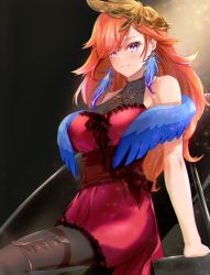 Rule 34 | 1girl, absurdres, bare arms, bare shoulders, black pantyhose, blue feathers, breasts, cleavage, closed mouth, dress, earrings, feather earrings, feathers, hair ornament, highres, hololive, hololive english, jewelry, long hair, looking at viewer, official alternate costume, orange hair, pantyhose, purple eyes, red dress, see-through, see-through cleavage, sitting, solo, takanashi kiara, takanashi kiara (party dress), virtual youtuber, wing hair ornament, yahan (mctr5253)