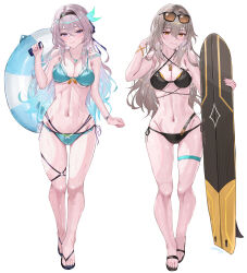 absurdres adapted_costume alternate_costume bikini black_bikini breasts cleavage firefly_(honkai:_star_rail) flip-flops full_body green_bikini grey_eyes grey_hair hairband highres honkai:_star_rail honkai_(series) lifebuoy medium_breasts midriff miya-chan_(lightning0730) navel sandals smile stelle_(honkai:_star_rail) sunglasses surfboard sweat swim_ring swimsuit trailblazer_(honkai:_star_rail) white_background yellow_eyes