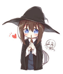 Rule 34 | 2girls, :&gt;, = =, ayanepuna, black hat, black robe, blue cardigan, blue eyes, blush, brown hair, cardigan, closed eyes, collared shirt, covered mouth, hair between eyes, hair ornament, hat, heart, highres, holding, holding wand, hood, hood down, hooded robe, kyoka (ayanepuna), long hair, looking at viewer, low ponytail, multiple girls, open clothes, open robe, original, own hands together, parted lips, ponytail, robe, shirt, simple background, solo focus, sweat, triangle mouth, upper body, very long hair, wand, white background, white shirt, witch hat, x hair ornament