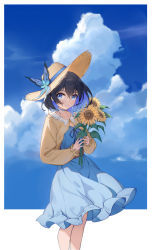 Rule 34 | 1girl, absurdres, black hair, blue choker, blue dress, blue eyes, blue hair, blue sky, brown hat, butterfly hat ornament, choker, closed mouth, collarbone, colored inner hair, dress, feet out of frame, flower, hat, hat ornament, highres, holding, holding flower, honkai (series), honkai impact 3rd, long sleeves, looking at viewer, multicolored hair, outdoors, outside border, seele vollerei, shenqi xiao hong zai nali, short hair, sky, smile, solo, standing, straw hat, sunflower, two-tone hair, yellow flower