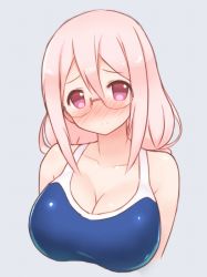 Rule 34 | 10s, 1girl, akeyama, anne happy, blue one-piece swimsuit, blush, breasts, closed mouth, collarbone, glasses, hair between eyes, kumegawa botan, large breasts, long hair, looking at viewer, one-piece swimsuit, pink hair, red eyes, rimless eyewear, simple background, smile, solo, swimsuit, upper body