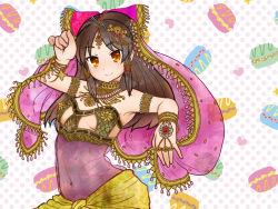 Rule 34 | 1girl, alternate costume, armband, armpits, bad id, bad pixiv id, bow, bracelet, breasts, brown hair, commentary request, cookie (touhou), dancer, earrings, food, fringe trim, hair bow, hakurei reimu, indian clothes, jewelry, macaron, navel, necklace, polka dot, polka dot background, sananana (cookie), sarin (miasma), sideboob, small breasts, smile, solo, touhou, veil, yellow eyes
