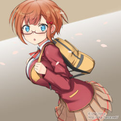 1girl bag blue_eyes blush bokutachi_wa_benkyou_ga_dekinai bow breasts glasses hair_bow large_breasts looking_at_viewer ogata_rizu orange_hair school_uniform shirt short_hair skirt solo standing