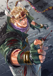 Rule 34 | 1boy, asuteka, blonde hair, blood, blood on face, caesar anthonio zeppeli, facial mark, feather hair ornament, feathers, fingerless gloves, gloves, green eyes, green jacket, feather hair ornament, headband, jacket, jewelry, jojo no kimyou na bouken, male focus, pants, ring, solo, torn clothes, torn pants