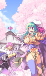 Rule 34 | 1boy, 1girl, armor, armored boots, belt, black belt, blue cape, blue shirt, blue sky, blue thighhighs, blush, boobplate, boots, breastplate, brown skirt, cape, cherry blossoms, church, closed mouth, cloud, commentary request, cross, crusader (ragnarok online), day, feet out of frame, gauntlets, green eyes, green hair, hat, highres, leg armor, long hair, long sleeves, looking to the side, open mouth, outdoors, paladin (ragnarok online), pauldrons, pink hair, ragnarok online, red eyes, sailor hat, sakakura (sariri), shirt, short hair, shoulder armor, skirt, sky, smile, tabard, thighhighs, tree, white hair