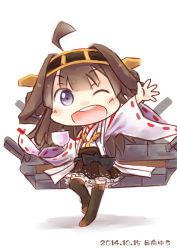 Rule 34 | 10s, 1girl, ;d, ahoge, bad id, bad pixiv id, black eyes, brown hair, chibi, cup, detached sleeves, hinata yuu, holding, kantai collection, kongou (kancolle), long hair, looking at viewer, machinery, nontraditional miko, one eye closed, open mouth, pleated skirt, skirt, smile, solo, teacup, turret, waving