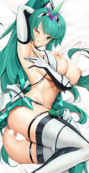 Rule 34 | 1girl, ;q, arm behind head, arm up, armpits, ass, bed sheet, bikini, black gloves, breasts, censored, commentary, dakimakura (medium), elbow gloves, english commentary, gem, gloves, green eyes, green hair, hair ornament, headpiece, heart, heart censor, highres, jewelry, large breasts, long hair, lying, navel, nintendo, nipples, on side, one eye closed, parted lips, pneuma (xenoblade), ponytail, presenting armpit, smile, solo, swimsuit, thighhighs, tiara, tongue, tongue out, tony guisado, two-tone gloves, untied bikini, very long hair, white bikini, white gloves, white thighhighs, xenoblade chronicles (series), xenoblade chronicles 2