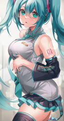 Rule 34 | 1girl, :o, aqua eyes, aqua hair, aqua nails, aqua necktie, arm under breasts, armpit crease, bare shoulders, breasts, collared shirt, detached sleeves, from side, grey shirt, hair between eyes, hatsune miku, headset, highres, inue ao, lace, lace-trimmed shirt, lace trim, long hair, looking at viewer, medium breasts, microphone, miniskirt, nail polish, necktie, open mouth, pleated skirt, shirt, skindentation, skirt, sleeveless, sleeveless shirt, solo, thighhighs, thighs, twintails, very long hair, vocaloid, zettai ryouiki