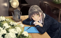 Rule 34 | 1girl, black shirt, black skirt, blurry, blurry background, blurry foreground, braid, brown hair, chair, closed mouth, collared shirt, commentary request, cup, depth of field, flower, green eyes, hair over shoulder, highres, hiwatari rin, indoors, long hair, long sleeves, looking at viewer, original, pencil, pleated skirt, saucer, shirt, single braid, skirt, smile, solo, table, tea, teacup, teapot, white flower