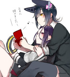 Rule 34 | 10s, 2girls, black legwear, chin rest, commentary request, eyepatch, from side, halo, halo removed, handheld game console, head on head, head rest, headgear, kantai collection, leaning on person, mechanical halo, multiple girls, musical note, nintendo ds, playing games, purple eyes, purple hair, quaver, school uniform, short hair, shuu-0208, simple background, sitting, tatsuta (kancolle), tenryuu (kancolle), thighhighs, translated, white background, yellow eyes