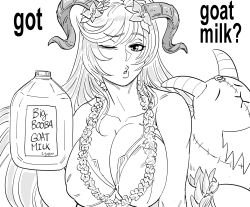 Rule 34 | 1girl, bb (baalbuddy), bikini, bottle, bra, breasts, cleavage, commentary, curled horns, english commentary, english text, fire emblem, fire emblem heroes, freyja (fire emblem), goat horns, greyscale, highres, holding, holding bottle, horns, large breasts, long hair, looking at viewer, milk bottle, monochrome, nintendo, official alternate costume, one eye closed, parted lips, simple background, solo, stuffed goat, swimsuit, underwear, very long hair, white background, wreath