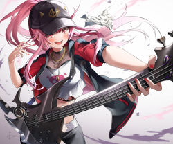 Rule 34 | 1girl, :d, baseball cap, black hat, black jacket, black pants, blush, breasts, commentary, commentary request, crop top, english commentary, fishnet top, fishnets, floating hair, guitar, hair between eyes, hands up, hat, highres, holding, holding instrument, hololive, hololive english, instrument, jacket, jewelry, kito koruta, large breasts, looking at viewer, midriff, mixed-language commentary, mori calliope, mori calliope (streetwear), nail polish, necklace, official alternate costume, open clothes, open jacket, open mouth, outstretched arm, pants, pink hair, ponytail, print shirt, red eyes, red nails, see-through, shirt, short sleeves, signature, skull and crossbones, skull print, smile, solo, virtual youtuber, white background, white shirt