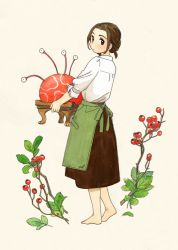 Rule 34 | 1girl, akai sashimi, apron, barefoot, berry, branch, brown hair, brown skirt, creature, full body, holding, long skirt, looking at viewer, looking back, original, shirt, short hair, simple background, skirt, sleeves rolled up, solo, waist apron, white shirt