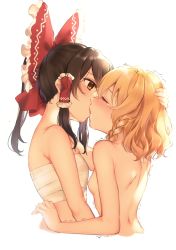 Rule 34 | 2girls, absurdres, bad id, bad pixiv id, black hair, blonde hair, blush, bow, braid, breasts, chest sarashi, closed eyes, completely nude, cropped torso, french kiss, from side, hair bow, hair tubes, hakurei reimu, hand on another&#039;s head, highres, implied fingering, jill 07km, kirisame marisa, kiss, long hair, multiple girls, nipples, nude, orange eyes, ponytail, red bow, saliva, sarashi, side braid, sidelocks, simple background, small breasts, tears, tongue, touhou, trembling, upper body, white background, yuri