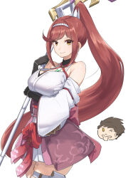 Rule 34 | 1girl, bare shoulders, breasts, chest jewel, cleavage, commentary request, core crystal (xenoblade), criss-cross halter, detached sleeves, fingerless gloves, glimmer (xenoblade), gloves, halterneck, high ponytail, highres, holding, holding polearm, holding weapon, japanese clothes, kimono, large breasts, long hair, looking at viewer, monoi daru, obi, partial commentary, polearm, ponytail, red hair, rex (xenoblade), sash, smile, solo, swept bangs, thick thighs, thigh strap, thighs, weapon, white kimono, wide sleeves, xenoblade chronicles (series), xenoblade chronicles 3, xenoblade chronicles 3: future redeemed