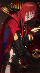 Rule 34 | 1girl, absurdres, black bodysuit, bodysuit, breasts, cape, commentary request, fate/grand order, fate (series), gloves, hair over one eye, highres, large breasts, long hair, oda nobunaga (fate), oda nobunaga (maou avenger) (fate), oda uri, open mouth, red cape, red eyes, red hair, semi (p-poco), smile, solo, very long hair