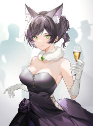 Rule 34 | 1girl, absurdres, animal ear fluff, animal ears, bare shoulders, black dress, black hair, breasts, cleavage, closed mouth, cup, dress, drinking glass, evening gown, fox ears, fox girl, fox tail, fur choker, gloves, green eyes, hair bun, hand up, highres, holding, holding cup, large breasts, long hair, meridian project, mole, mole on breast, seki (vtuber), short hair, silhouette, smile, solo, strapless, strapless dress, tail, tobunchudoku, upper body, virtual youtuber, white gloves