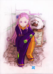 Rule 34 | 00s, 1girl, anemone (eureka seven), arm support, arrow (symbol), blush, bodysuit, closed mouth, copyright name, curtains, drawer, eureka seven, eureka seven (series), full body, gloves, gulliver (eureka seven), hair ornament, hairclip, long hair, looking at viewer, multicolored clothes, on ground, paper, parted bangs, pavement, pink hair, purple bodysuit, purple eyes, sitting, smile, solo, yoshida ken&#039;ichi