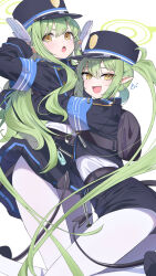 Rule 34 | 2girls, :d, :o, armband, black hat, black jacket, black skirt, blue archive, blue armband, earrings, ev (dai00888), fang, feet out of frame, floating hair, from side, green hair, halo, hat, hikari (blue archive), nozomi (blue archive), highres, jacket, jewelry, kneeling, long hair, long sleeves, looking at viewer, miniskirt, multiple girls, open mouth, pantyhose, pleated skirt, pointy ears, rabbit pose, shako cap, shoulder boards, sidelocks, simple background, skirt, smile, twintails, wavy hair, white background, white pantyhose, yellow eyes