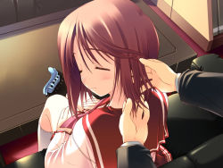Rule 34 | 00s, 1boy, 1girl, adjusting hair, alternate hairstyle, amazuyu tatsuki, blush, bow, closed eyes, closed mouth, couch, folded ponytail, from above, from behind, game cg, hair between eyes, hair down, hair ornament, hairclip, hairdressing, hands on lap, hands on own thighs, indoors, kneehighs, komaki manaka, kouno takaaki, light smile, long sleeves, looking back, miniskirt, on couch, out of frame, parted bangs, pink bow, pleated skirt, pov, red skirt, school uniform, shadow, shirt, short hair, sitting, skirt, smile, socks, solo focus, swept bangs, table, to heart (series), to heart 2, tying hair, unworn hair ornament, unworn hairclip, white shirt, white socks