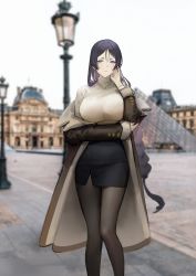 Rule 34 | 1girl, absurdres, black skirt, blue eyes, blurry, blurry background, breasts, building, cloud, cloudy sky, dokshuri, earrings, fate/grand order, fate (series), feet out of frame, highres, jewelry, lamppost, landmark, large breasts, long hair, louvre pyramid, minamoto no raikou (fate), necklace, pantyhose, pencil skirt, photo background, public indecency, skirt, sky, solo, sweater, turtleneck, turtleneck sweater, very long hair, white sky