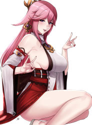 Rule 34 | 1girl, armpit peek, bare shoulders, blush, breasts, detached sleeves, fox shadow puppet, from side, genshin impact, hair between eyes, hair ornament, hands up, highres, japanese clothes, kneeling, large breasts, long hair, looking at viewer, miko, nail polish, parted lips, pink hair, purple eyes, red nails, sideboob, simple background, smile, solo, thighs, very long hair, white background, wide sleeves, xter, yae miko
