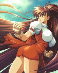 Rule 34 | 1girl, ass, breasts, brown eyes, brown hair, clenched hands, danmakuman, fingerless gloves, gloves, hair ornament, highres, large breasts, long hair, looking back, signature, smile, takeuchi yuka, variable geo, very long hair, waitress