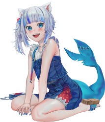 Rule 34 | 1girl, :d, animal ears, artofkuzu, bag, bare arms, bare legs, between legs, blue eyes, blue hair, blue nails, blue skirt, blush, cat ears, commentary, english commentary, fins, fish tail, full body, gawr gura, gawr gura (casual), hand between legs, highres, hololive, hololive english, looking at viewer, multicolored hair, nail polish, open mouth, sandals, shark tail, sharp teeth, side ponytail, simple background, skirt, smile, solo, streaked hair, tail, teeth, upper teeth only, virtual youtuber, white background, white hair