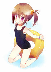 Rule 34 | 1girl, antenna hair, armpits, arms behind back, bangle, barefoot, black school swimsuit, blush, bracelet, brown hair, collarbone, flat chest, full body, hair between eyes, hair bobbles, hair ornament, holding, innertube, jewelry, kneeling, looking at viewer, meito (maze), one-piece swimsuit, original, outstretched arms, pink eyes, school swimsuit, short hair, side ponytail, sidelocks, smile, solo, swim ring, swimsuit