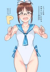 Rule 34 | 1boy, 1girl, akizuki ritsuko, antenna hair, bare shoulders, black-framed eyewear, blue background, blue bow, blue neckerchief, blue sailor collar, blush, bow, breasts, brown eyes, brown hair, chibi, chibi inset, cleavage, clenched hand, collarbone, cowboy shot, dixie cup hat, flying sweatdrops, glasses, hands up, hat, highres, idolmaster, idolmaster (classic), idolmaster million live!, idolmaster million live! theater days, large breasts, looking at viewer, military hat, neckerchief, one-piece swimsuit, open mouth, p-head producer, producer (idolmaster), sailor collar, sailor one-piece swimsuit, semi-rimless eyewear, short hair, shy, simple background, standing, striped, striped bow, swimsuit, translated, tsurui, wavy mouth, white one-piece swimsuit