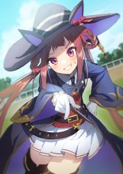 Rule 34 | 1girl, animal ears, belt, blurry, blurry background, blush, commentary, gloves, grin, hair rings, hat, highres, horse ears, horse girl, konatsu hare, long hair, looking at viewer, necktie, pointing, pointing at viewer, purple eyes, racetrack, smile, solo, sweep tosho (umamusume), twintails, umamusume, witch hat