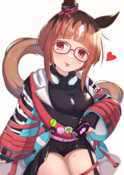 Rule 34 | 1girl, :p, animal ears, black gloves, black shirt, black shorts, blue jacket, blush, breasts, brown hair, can, closed mouth, covered collarbone, dripping, fingerless gloves, glasses, gloves, heart, highres, holding, holding can, horse ears, horse girl, horse tail, jacket, long sleeves, looking at viewer, medium breasts, multicolored hair, open clothes, open jacket, red-framed eyewear, red eyes, shirt, short shorts, shorts, simple background, smile, solo, tail, tongue, tongue out, transcend (umamusume), two-tone hair, umamusume, uneg, white background, white hair, wide sleeves