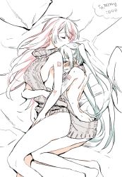 Rule 34 | 2girls, arms around waist, ass, bad id, bad pixiv id, bed, bed sheet, blush, breasts, butt crack, couple, electric flower, eyelashes, closed eyes, kissing forehead, full body, green eyes, hatsune miku, hug, hug from behind, kiss, kissing forehead, large breasts, long hair, lying, megurine luka, meme attire, multiple girls, on side, pillow, pink hair, sideboob, sketch, small breasts, sweat, tattoo, text focus, translation request, twintails, virgin killer sweater, vocaloid, yuri