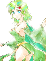 Rule 34 | 1girl, aged up, ass, blue eyes, breasts, cape, cleavage, detached sleeves, earrings, final fantasy, final fantasy iv, green hair, hair ornament, inaba tomoe, jewelry, long hair, looking at viewer, rydia (ff4), simple background, solo, thighhighs, white background