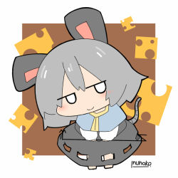 Rule 34 | 1girl, animal ears, artist name, bad id, bad pixiv id, blush, cheese, chibi, dowsing rod, food, green hair, grey hair, inunoko., jitome, mouse (animal), mouse ears, mouse tail, nazrin, parody, signature, smile, solo, style parody, tail, touhou
