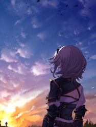 Rule 34 | 1girl, armor, from behind, gauntlets, gold trim, hairband, highres, hololive, looking ahead, mikan (chipstar182), multiple straps, outdoors, shirogane noel, shirogane noel (1st costume), shirt, short hair, shoulder armor, silver hair, solo, sunset, undershirt, virtual youtuber, white shirt
