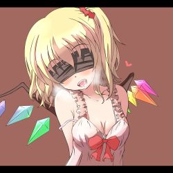 Rule 34 | 1girl, blindfold, blonde hair, breasts, cleavage, fang, flandre scarlet, heart, highres, kuromu (underporno), letterboxed, saliva, solo, strap slip, touhou, wings