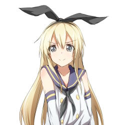 Rule 34 | 10s, 1girl, bad id, bad pixiv id, blonde hair, blush, elbow gloves, gloves, grey eyes, hairband, kantai collection, long hair, looking at viewer, personification, shimakaze (kancolle), shinsono shiroko, solo, striped clothes, striped thighhighs, thighhighs, white gloves