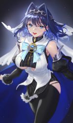 Rule 34 | 1girl, :d, absurdres, armpit crease, black thighhighs, blue eyes, blue hair, breasts, bt 6924, chain, chain headband, clothing cutout, dark blue hair, detached sleeves, hair between eyes, hair intakes, head chain, highres, hololive, hololive english, jewelry, large breasts, medium hair, open mouth, ouro kronii, ouro kronii (1st costume), outstretched arms, smile, solo, spread arms, thighhighs, underboob cutout, virtual youtuber