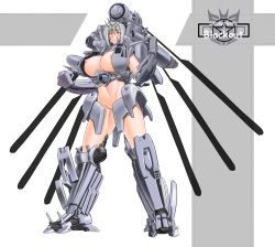 Rule 34 | 1girl, blackout (transformers), blush, breasts, full body, huge breasts, mecha musume, nipples, personification, silver hair, simple background, solo, standing, transformers, yellow eyes