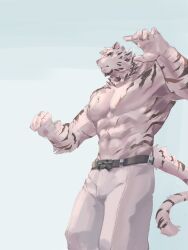 Rule 34 | 1boy, abs, animal ears, arknights, bara, belt, black belt, blue eyes, cross scar, facial scar, from below, furry, furry male, grey background, highres, looking at viewer, looking down, male focus, mountain (arknights), multiple scars, muscular, muscular male, pants, pectorals, scar, scar across eye, scar on arm, scar on cheek, scar on chest, scar on face, scar on stomach, tail, tiger boy, tiger ears, tiger stripes, tiger tail, topless male, white pants, zhengshizi